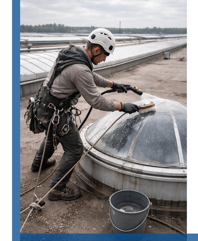 Мойка зенитных фонарей на кровле для промышленных объектов в Электростали