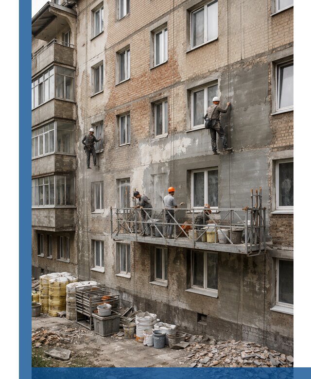 Капитальный ремонт фасада в Электростали с восстановлением и гидроизоляцией