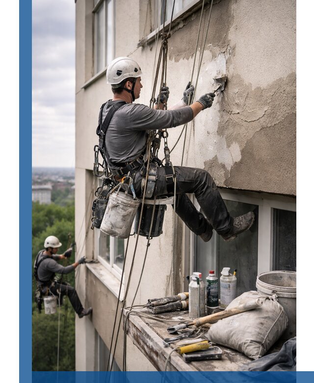 Косметический ремонт фасада зданий в Электростали промышленными альпинистами