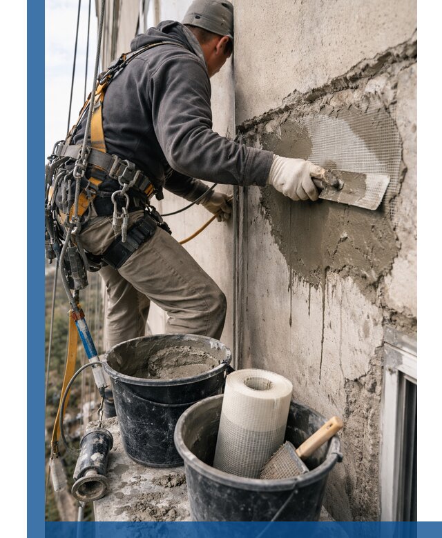 Ремонт бетонных элементов фасада промышленными альпинистами в Электростали