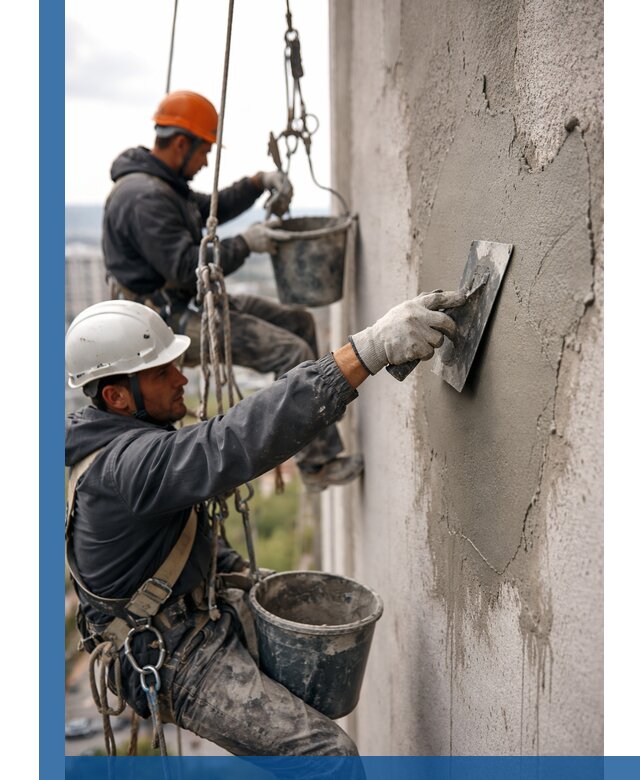 Штукатурка фасада на высоте в Электростали профессиональные работы