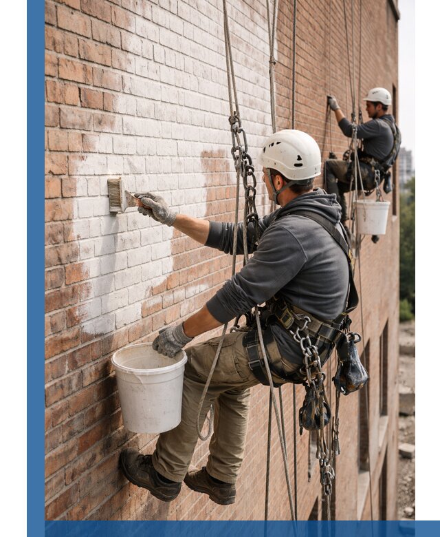 Покраска кирпичного фасада с доступным альпинистским сервисом в Электростали
