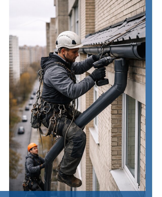 Монтаж водосточной системы на здании в Электростали от 5065 р. | ВЫСОТНИК-Элк