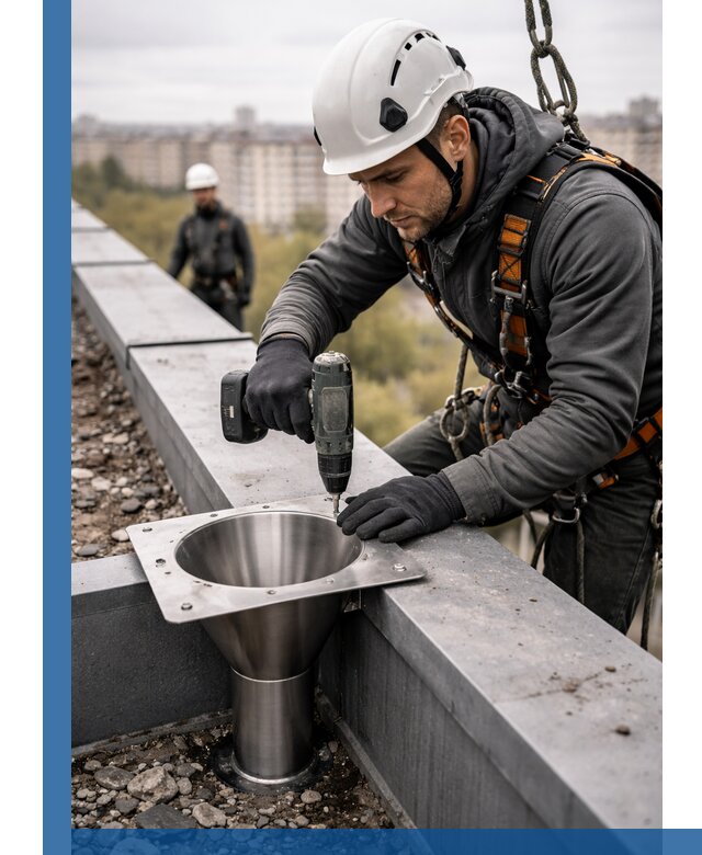 Монтаж водосточных воронок в Электростали для промышленных зданий