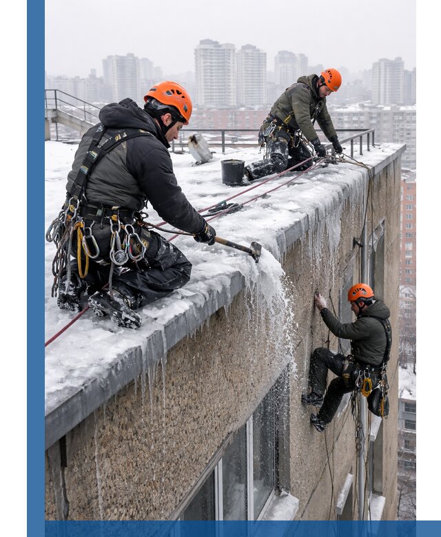 Удаление наледи с кровли в Электростали промышленными альпинистами