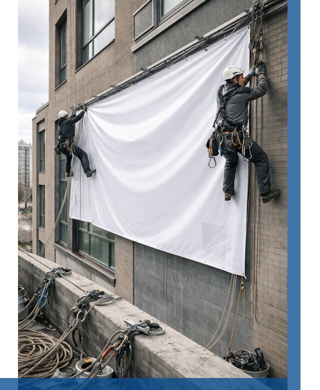 Монтаж баннеров на фасаде в Электростали от 658 р. заказать ВЫСОТНИК-Элк