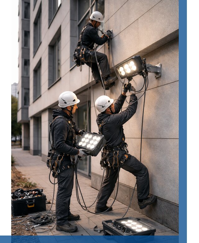 Монтаж прожекторов на фасаде в Электростали от 7598 р. | ВЫСОТНИК-Элк