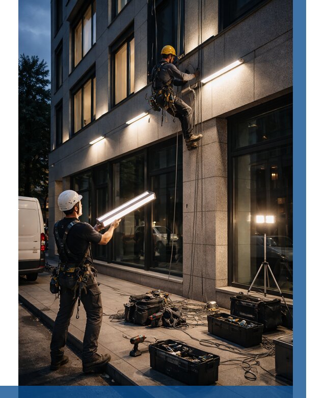 Монтаж архитектурной подсветки здания в Электростали от 2533 р.|ВЫСОТНИК-Элк