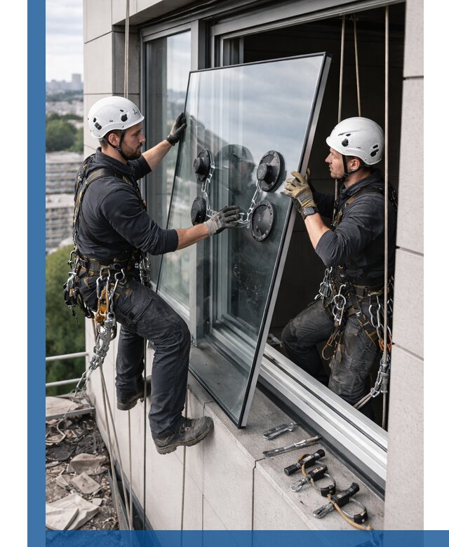 Замена стеклопакетов на высоте с промышленными альпинистами в Электростали