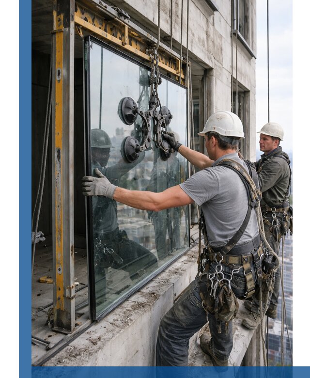Монтаж стеклопакетов на высоте в Электростали с промышленным альпинизмом