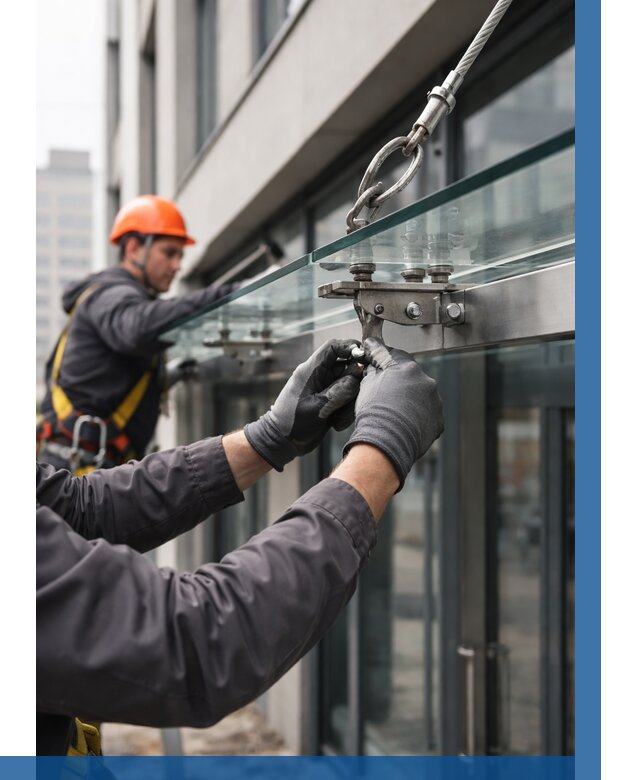 Монтаж стеклянных козырьков в Электростали от 8611 р. | ВЫСОТНИК-Элк