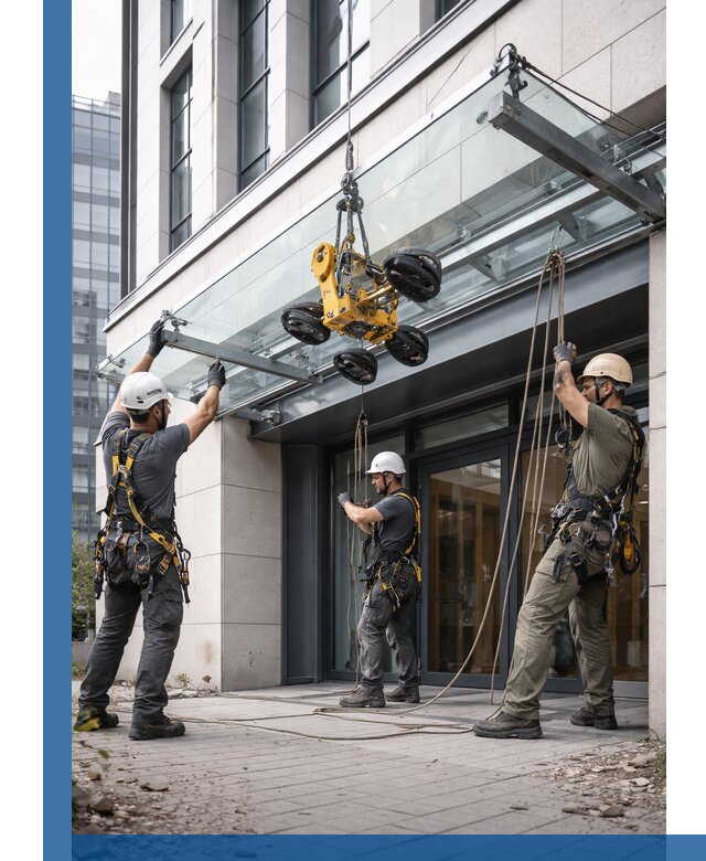 Монтаж стеклянных козырьков под ключ в Электростали для зданий