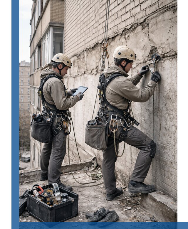 Обследование фасада промышленными альпинистами в Электростали